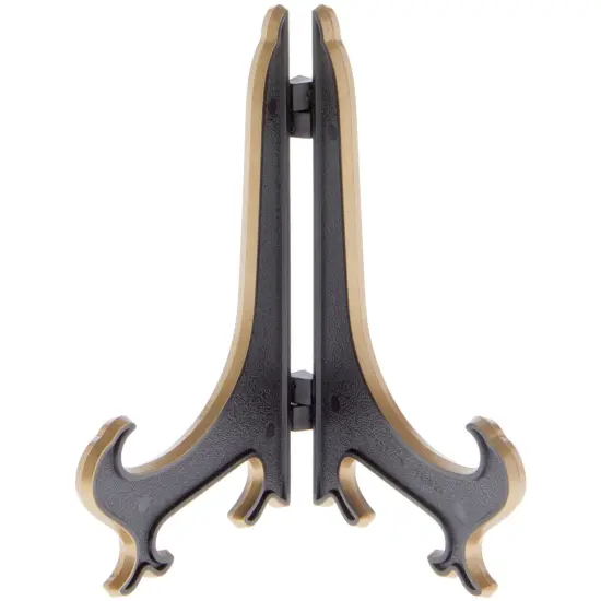 Bard's Hinged Black and Gold Plastic Plate Stand, 5" H x 4" W x 3.5" D (For 5" - 7.5" Plates) {1}