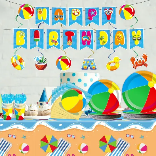 184pcs Summer Beach Ball Party Supplies Set Includes Plates Napkins Cups Tablecloth Swirls Banner Tableware Kit Dispose Summer Pool Birthday Decorations {5}