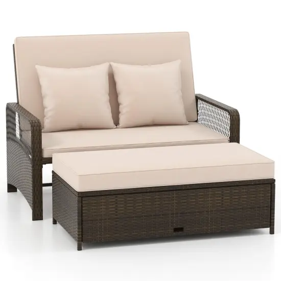 Patio Loveseat and Ottoman Set with 4-level Adjustable Backrest and Storage Area Navy {9}
