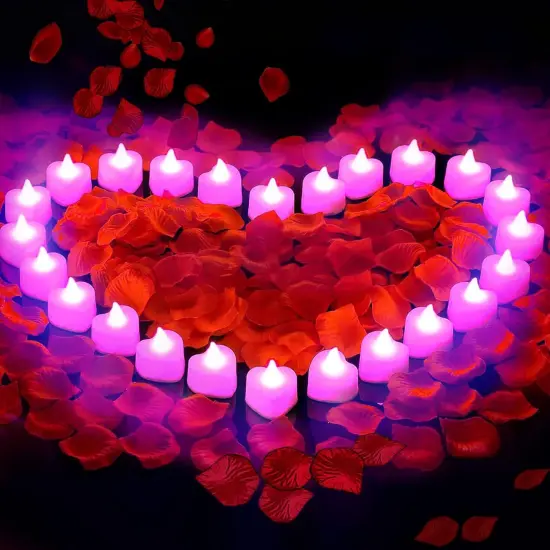 2000PCS Silk Rose Petals with 24 LED Tea Lights Candles, Romantic Night Decoration Set, Romantic Valentine, Wedding Anniversary {1}