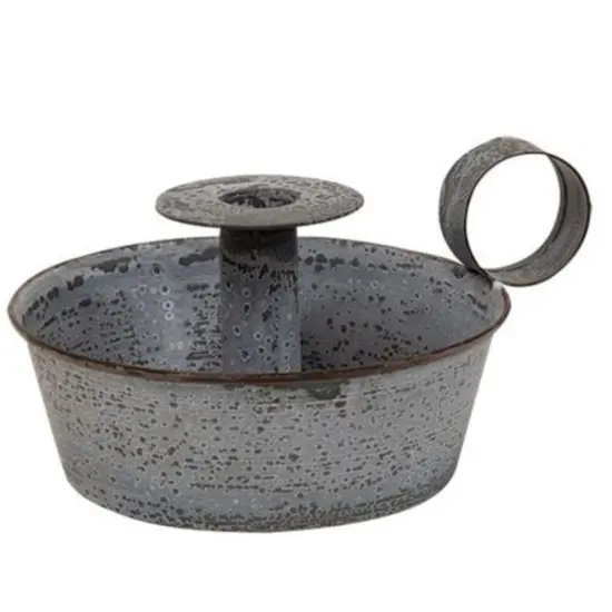 Grey Weathered Zinc Tapered Pan Candle Holder and Antique Charm {1}