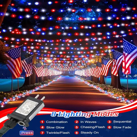 4th of July Decorations Patriotic LED Mini Lights, 39 Feet 100 LED Red White Blue String Lights with 8 Lighting Modes, Connectable Independence Day Light for Wreath Indoor Outdoor Memorial Day {1}