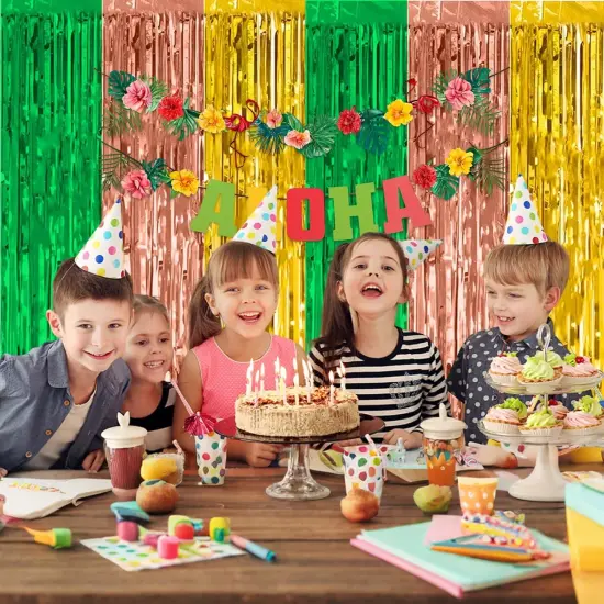 Hawaiian Party Decorations, 2 Packs Foil Fringe Curtains Streamers Green Yellow Rose Gold for Summer Tropical Beach Luau Themed Birthday Baby Shower Party Photo Booth Props Backdrop (3.3ft X 6.6ft) {5}