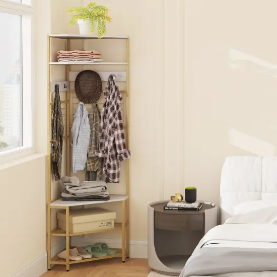 5-Tier Corner Hall Tree with Shoe Storage Bench White {3}