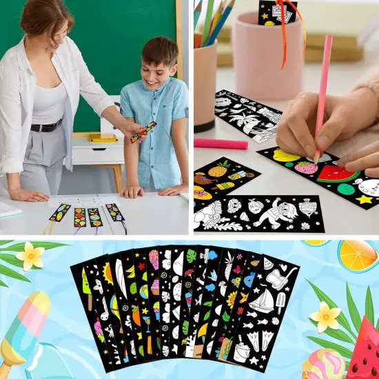 80 Pcs Summer Color Your Own Bookmarks with Ribbon Bulk DIY Coloring Crafts Beach Ice Cream Ocean Fruit Sun Bookmark Blank Paint Classroom Decorate for Teacher Student Summer {5}