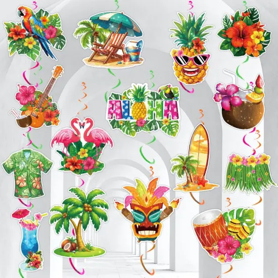 30Pcs Hawaiian Luau Ceiling Hanging Decorations, Aloha Flamingo Palm Trees Hibiscus Swirls, Summer Decorations for Party {1}