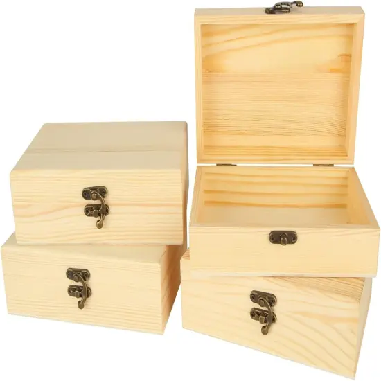 4 Pack Unfinished Wooden Box, 7x5x2 Inch Wooden Box with Hinged Lid, Small Natural Pine Wood Boxes for Crafts, DIY, Arts Hobbies and Home Storage {1}