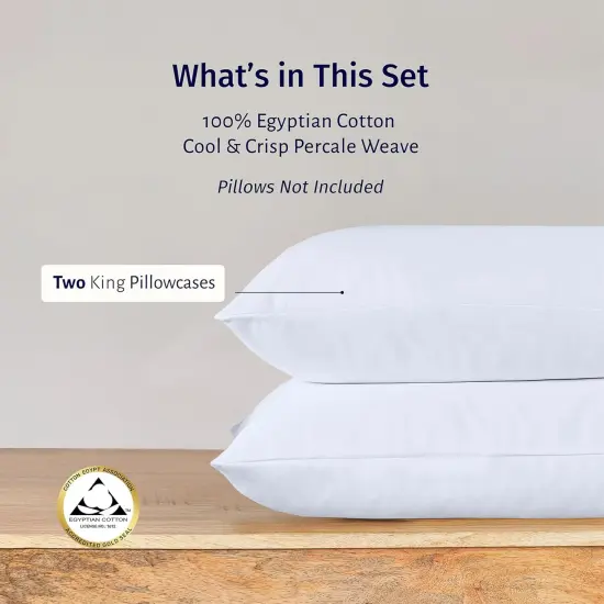 Luxury 100% Egyptian Cotton Pillow Cases King Size Set of 2 - Crisp Percale, Soft & Breathable Cotton Pillow Covers - White {2}