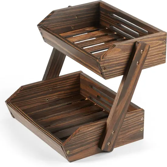 Large Capacity 2-Tier Wooden Fruit Basket, Durable Acacia Wood, 10.5" Tall, Spacious for Produce, Vegetables, Bread Storage and Home Kitchen Countertop {1}