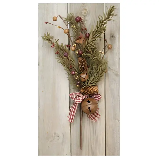 Rustic Pine Pick with Berries Pinecones Bells and Fabric Bows 16 Inch {1}