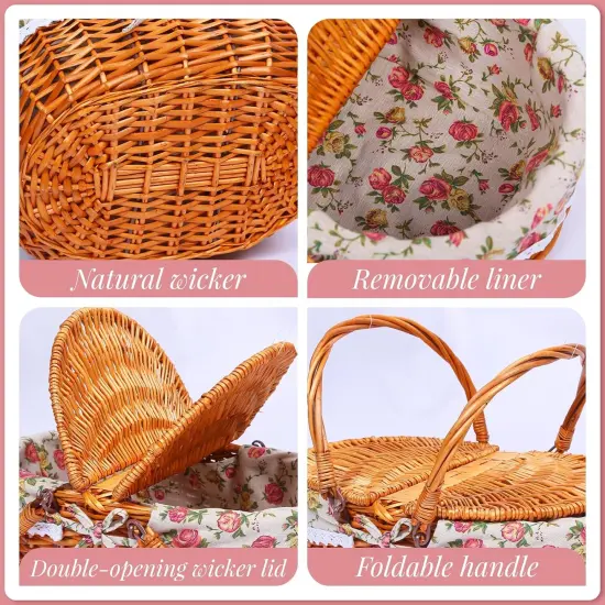 Wicker Picnic Basket Set for 4 with Lid and Handle Picnic Hamper with Washable Lining and Cutlery Set for Outdoor, Camping, Halloween, Christmas, and Birthday {4}