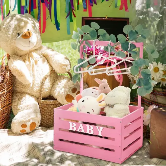 Large Wooden Baby Shower Crate Closet with Handle and Garland, 17.7inch Baby Shower Basket for Newborn Girl Boys Gifts Pregnancy New Parent(Pink) {4}