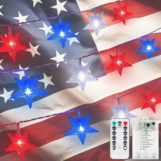 50 LED Red White and Blue String Lights Outdoor Battery Powered, 4th of July Decorations Star Lights with Remote, 8 Modes Patriotic Decor Waterproof for Independence Memorial Day National Day {5}