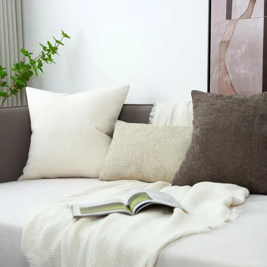 Set of 2 Chenille Linen Decorative Throw Pillow Covers 18x18 Inch Textured Farmhouse Pillow Covers for Bed Couch Sofa Living Room Rustic Cushion Cases, Cream White {4}