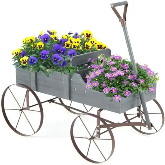 Wooden Garden Wagon Planter with Handle & Wheels Grey {1}