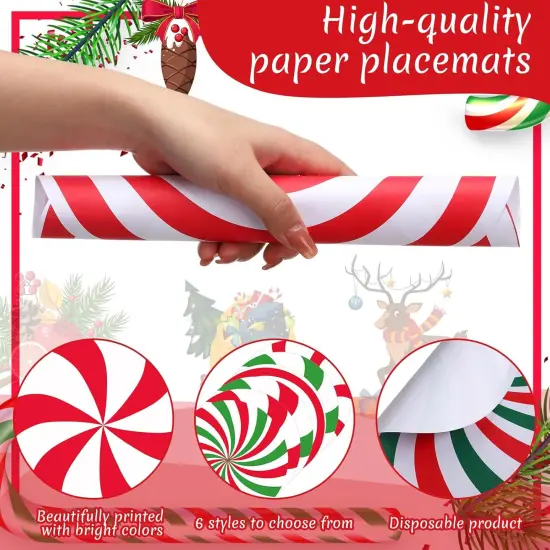 60 Pcs Disposable Christmas Candy Placemats 12 Inch Christmas Red Green Sweets Paper Round Placemats Table Mats Candy Canes for Xmas Party Home Decorations Kitchen Dining Table {3}