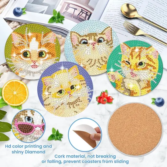 Cats Diamond Art Coasters with Holder, Crafts Kits for DIY Coasters, Diamond Art Kits for Adults, Small Diamond Painting Coasters Kit Art Craft Supplies (Cute Cats) {2}