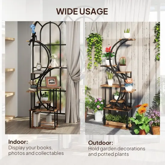 S-shaped Wooden 8-Tier Flower Plant Stand Carbonised black {5}