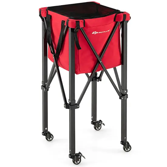 Foldable Lightweight Tennis Ball Teaching Cart with Removable Bag and Lockable Wheels Red {7}
