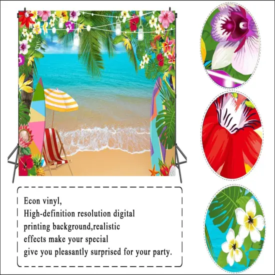 Summer Hawaiian Beach Backdrop for Photography Tropical Flower Aloha Backdrop Blue Sky Ocean Palm Leaves Background Birthday Party Decor Baby Shower Photoshoot {3}