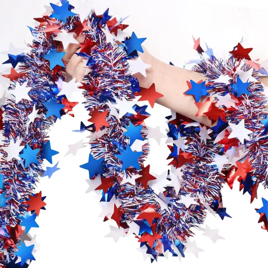 4th of July Garland Decorations,50Ft Glitter Tinsel Patriotic Decor for Tree Car Golf Cart Parade Float Bike Party Table Yard Door Boat Indoor Outdoor Holiday Home {1}
