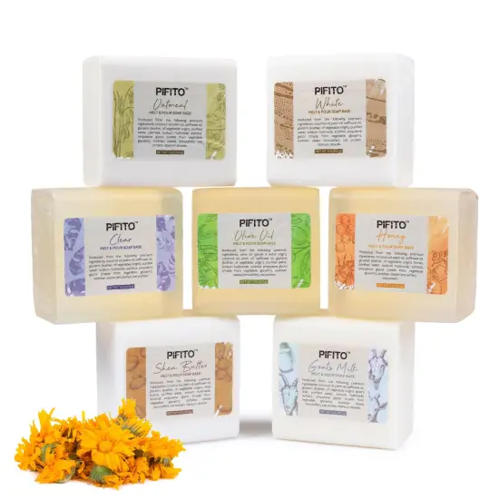 Pifito Melt and Pour Soap Base Sampler (7 lbs) │ Assortment of 7 Bases (1lb ea) │ Clear, White, Goats Milk, Shea Butter, Oatmeal, Honey, Olive Oil │ Glycerin Soap Making Supplies {1}