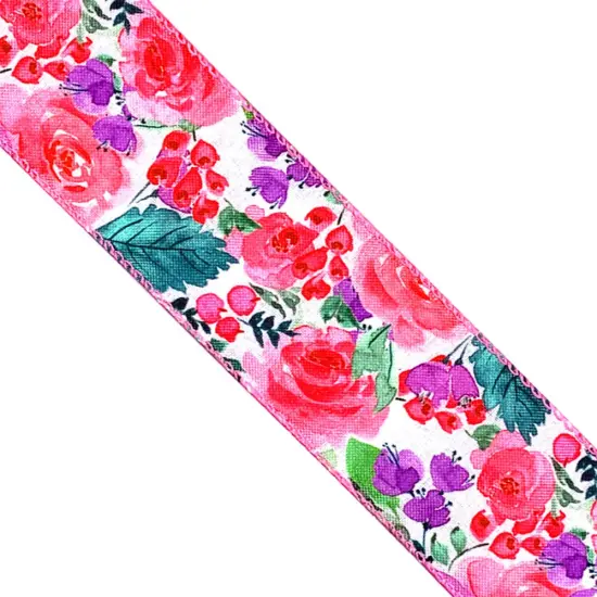 Designer's Shop WR 63-5200 Spring Summer Pink Rose, Red / Purple small floral and green leaf on white burlap wired edge ribbons, 2.5" x 10 yards {4}