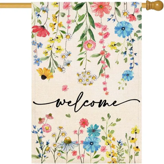 Summer Welcome Floral House Flag 28x40 Inch Double Sided Large Yard Flag Outside Outdoor Seasonal Burlap Flowers Flags Home Patio Decoration {1}
