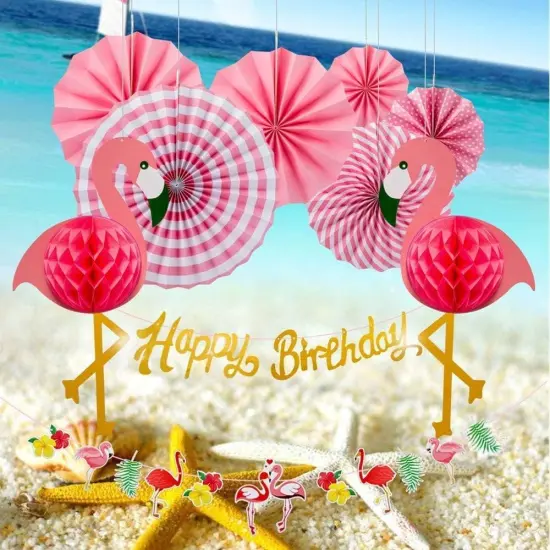 Flamingo Party Honeycomb Decoration, Hanging Pink Paper Fans, Birthday Banners, Swirl Decorations {2}