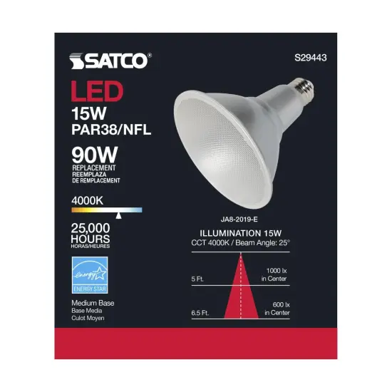 Satco 15w PAR38 LED 25 deg. Beam E26 Medium base 4000k Cool White {5}