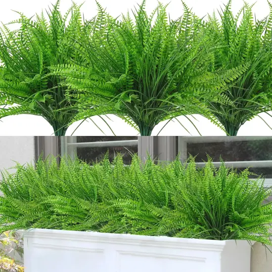 8 Bundles Artificial Plants Boston Fern Wheat Grass Shrubs Outdoor Faux Plants Faux Fern Stems UV Resistant Artificial Outdoor Plants Greenery for Home Gardens Patio Yards Decor {2}