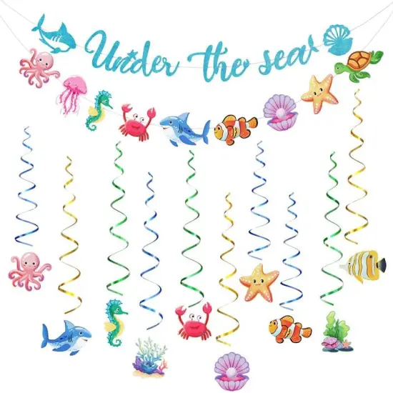 Under The Sea Party Decorations Supplies Banner Ocean Animals Themed Hanging Swirls and Banner Happy Birthday Decorations for Baby Shower Summer Beach Party {4}