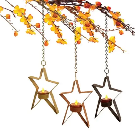 Multi-Color Metal Hanging Star Tealight Holder Set and Rustic Decor, 3 Asst {2}