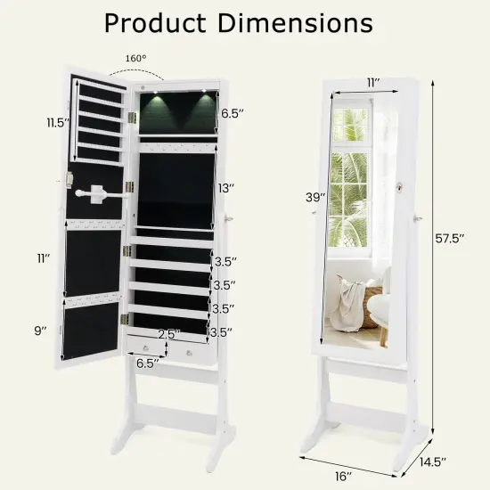 Lockable Freestanding Jewelry Cabinet Armoire with Full-Length Mirror and Lights White {4}