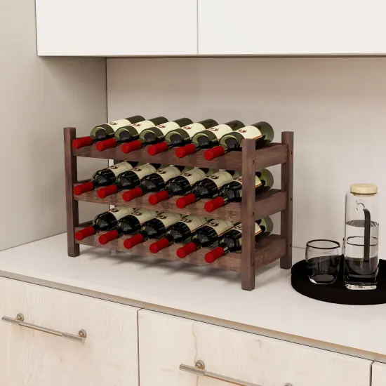 3-Tier Wine Rack Holds 18 Bottles with PU Coating and Anti-Slip Feet Coffee {2}