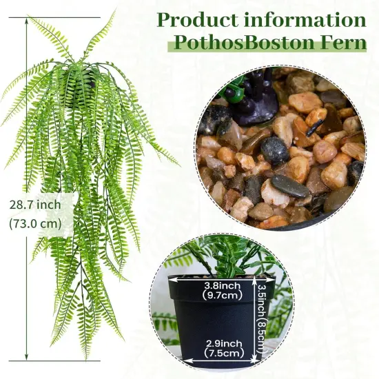 Fake Hanging Boston Fern Potted Plant, Artificial Potted Plant Faux Plant Hanging Plant for Shelf Home Office Indoor Outdoor Garden Greenery Decor (Black Pot), 2, Y1064-JL {2}