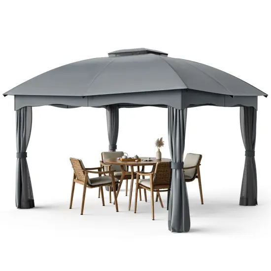 Polyester and Steel Gazebo with Mesh Walls, Curtains and Double Roof Grey {4}