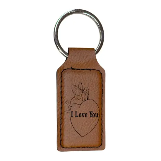 Keychain - Rectangle - I love you with Fairie on Heart - Leather Pink/Black {4}