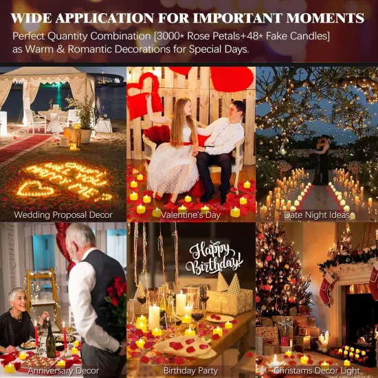 3000 Pcs Artificial Rose Petals with 48 Pcs Heart Flameless Candles Battery LED Tea Lights Candles Set Valentine's Day Wedding Anniversary Decoration {3}