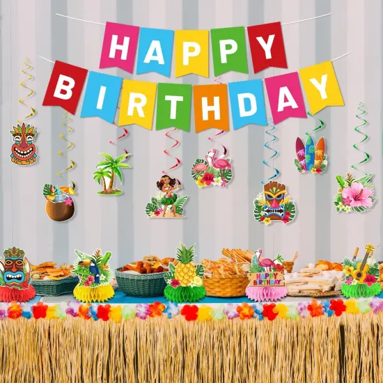 Aloha Beach Themed Party Decorations - Hawaiian Luau Birthday Supplies with Banner Honeycomb and Hanging Swirls for Tropical Summer Pool Party {2}