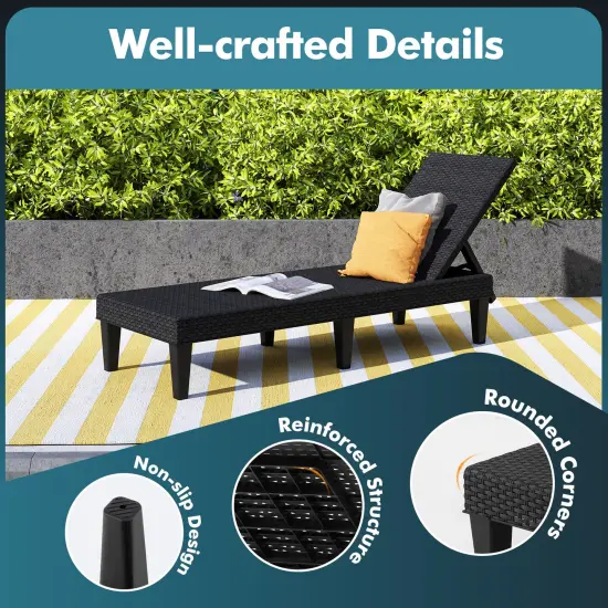 Rattan Chaise Lounge Chair 3-Position Outdoor Recliner Black {4}
