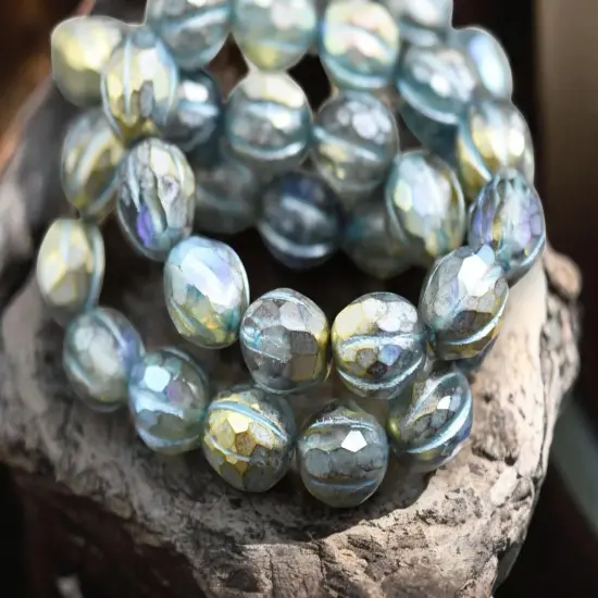 *12* 10mm Turquoise Washed Gold Lustered Crystal Faceted Round Melon Beads {4}