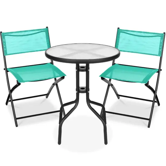Best Choice Products 3-Piece Patio Bistro Dining Furniture Set w/ Round Textured Glass Tabletop, Folding Chairs Mint {1}