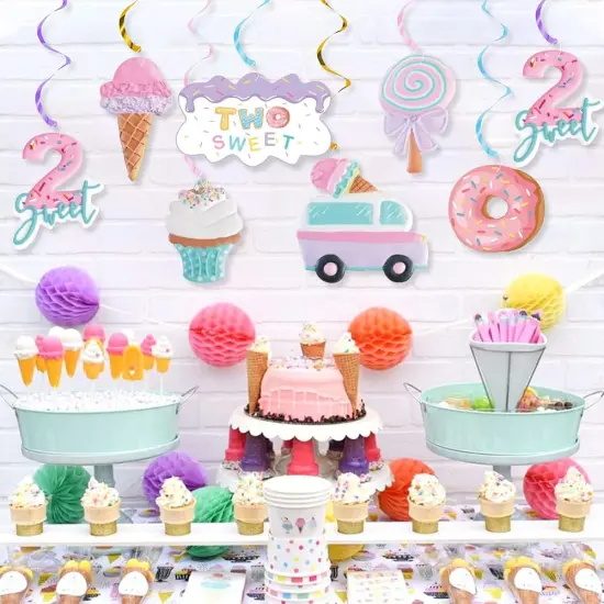 Pastel Ice Cream Two Sweet 2nd Birthday Party Supplies, Ice Cream Donut Party Hanging Swirls Decorations, Summer Ice Cream Party Hanging Streamers for Ice Cream Baby Second Birthday Donut Theme Party {2}