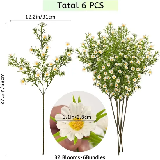 192 Blooms Artificial Daisy Flowers, 27.5" White Daisy Artificial Flowers,6Pcs Realistic Fake Daisies,Fake Spring Flowers,Faux Flowers for Vase Wedding Party Home Decor {3}