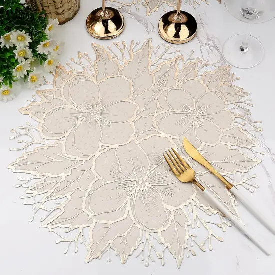 Placemats Set of 6, Gold White Place Mats Pressed Plum Flowers Vinyl Round Table Mats Washable {4}