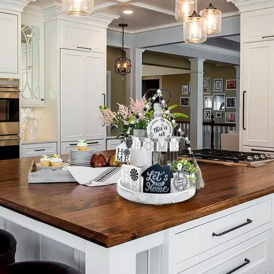 2 Tiered Tray Stand for Home Decor, Wooden Serving Tiered Tray for Coffee Bar Table Centerpiece, Decorative Trays Kit {5}