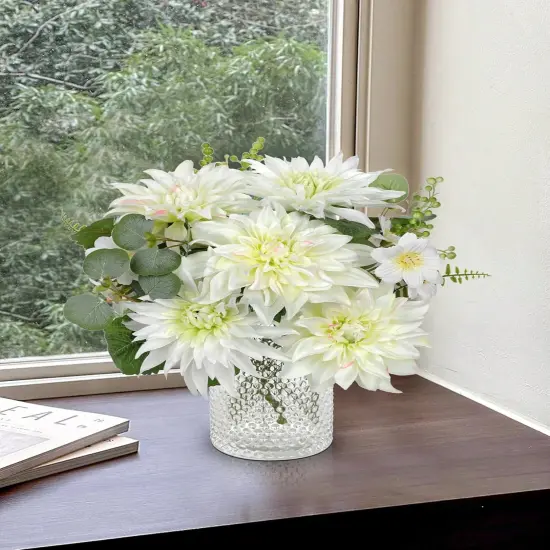 Summer Artificial Dahlia Flowers 14.1" &ndash; Realistic White Silk Dahlias & Daisies &ndash; Faux Floral Arrangement for Vase, Tabletop Decor, Wedding, DIY Bridal Bouquet, Party & Home D&eacute;cor {3}