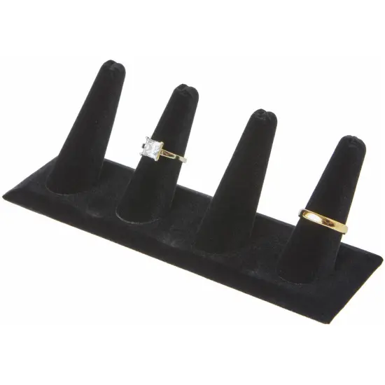 Plymor Black Velvet Ring Finger Display, Four on Rectangular Base, 6" W x 2.125" D x 2.5" H {3}