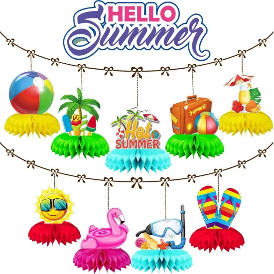 Summer Honeycomb Centerpieces, Summer Themed Party Table Decorations, Beach Honeycomb Centerpiece for Pool Table Decorations, 9 Pcs {2}